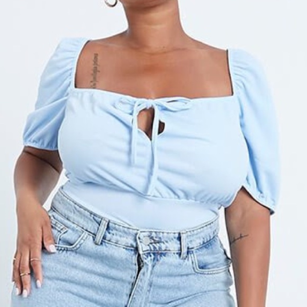 NWT I Saw It First Blue milkmaid tie front blouse